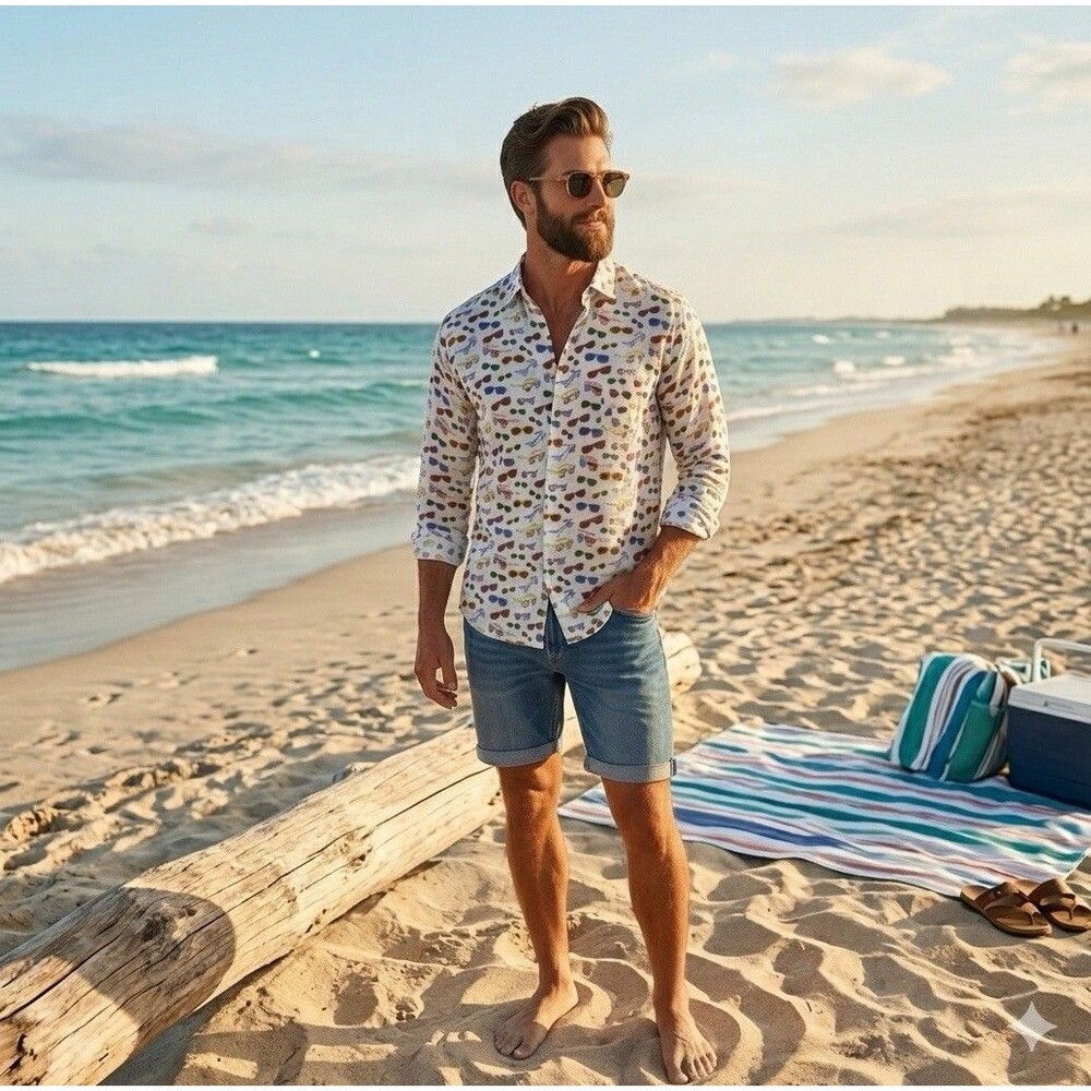 Michael's Swimwear Linen Button-Up Shirt Men’s M Allover Sunglasses Beach Resort